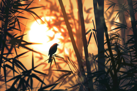 A bamboo forest at dawn. The sun rises, casting warm light through the leaves.の素材