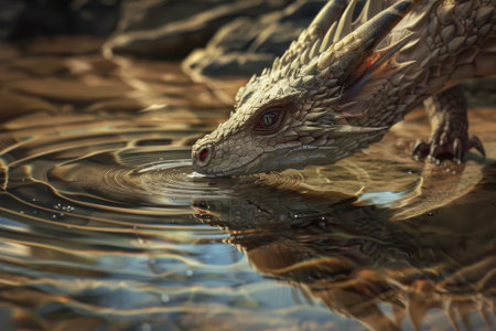 A dragon drinking from a crystal-clear lake.の素材