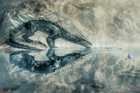 A dragon drinking from a crystal-clear lake. Iの素材