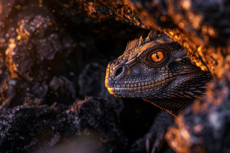 A dragon emerging from a cave, its scales catching the first rays of dawn.の素材