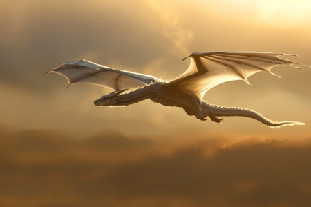 A dragon in flight, wings beating rhythmically. Sunbeams filter through its translucent membranes, creating a halo effect.の素材