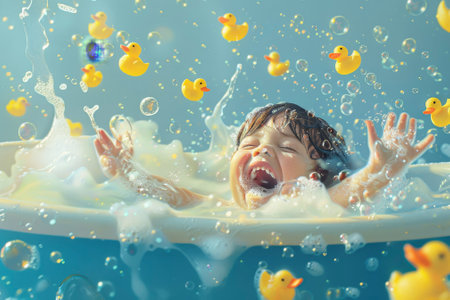 A bathtub filled with bubbles and rubber ducks and a child splashing and laughingの素材
