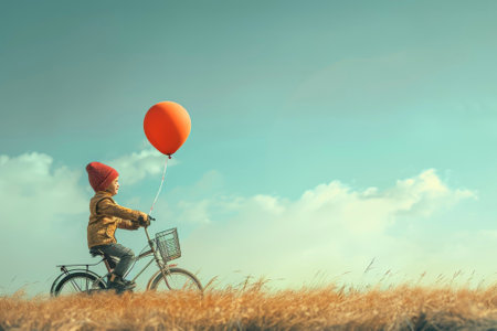 A cheerful child riding a bike with a balloon tied to the handlebarの素材
