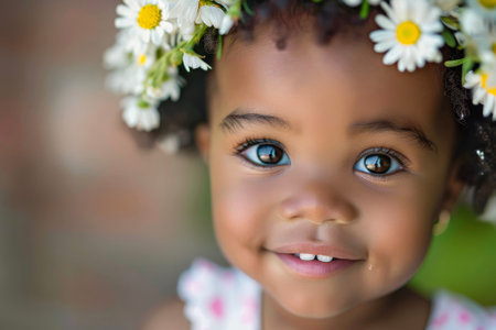 A close-up of a toddler's face with a cute smile and a flower crownの素材