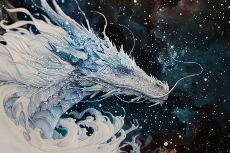 A dragon made of constellations, stars connecting its points. Its eyes are galaxies, and its tail trails comet tails.の素材