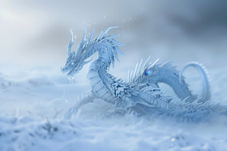 A dragon of ice, frost trailing from its scales, glides through a frozen landscape. Its breath crystallizes the air.の素材