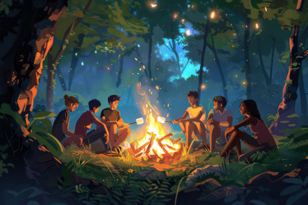 A group of friends roasting marshmallows over a campfire in a forestの素材