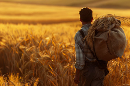A man carrying a sack of wheat on his shoulder in a golden fieldの素材