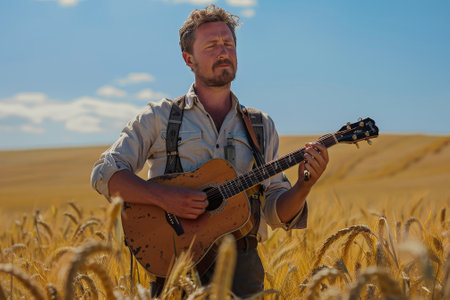 A man holding a guitar and a harmonica in a wheat field with a blue skyの素材