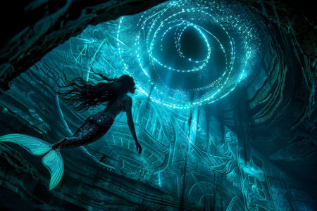 A mermaid dives into a bioluminescent cave, her tail leaving trails of light.の素材