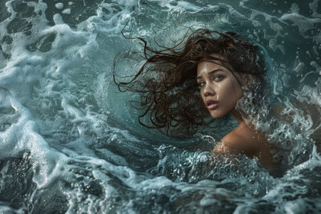 A mermaid emerges from a stormy sea, raindrops clinging to her skin.の素材