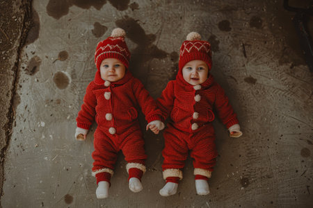 A pair of twins wearing matching outfits and holding handsの素材