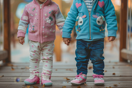 A pair of twins wearing matching outfits and holding handsの素材