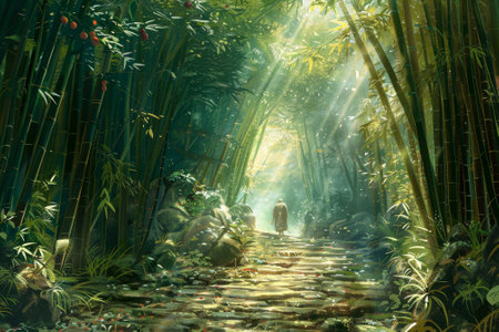 A stone path winds through a bamboo forest. Sunlight filters through the leaves, dappling the ground.の素材