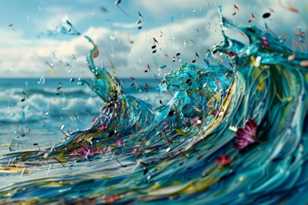 A synesthetic seascape--waves of color blend with musical notes. Each crest hums a different chord--majestic symphonies, jazzy improvisations, and soulful ballads.の素材