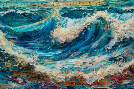 A synesthetic seascape--waves of color blend with musical notes. Each crest hums a different chord--majestic symphonies, jazzy improvisations, and soulful ballads.の素材