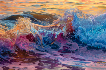 A synesthetic seascape--waves of color blend with musical notes. Each crest hums a different chord--majestic symphonies, jazzy improvisations, and soulful ballads.の素材