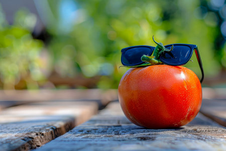 A tomato with a sun and a sunglassesの素材