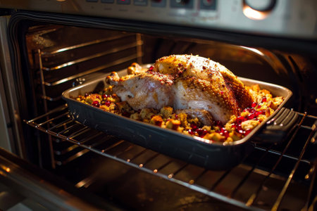 A turkey resting in the oven with stuffing, cranberry sauce and gravyの素材