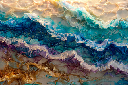 A vibrant ocean of abstract waves, each crest a different hue--turquoise, coral, and indigo.の素材