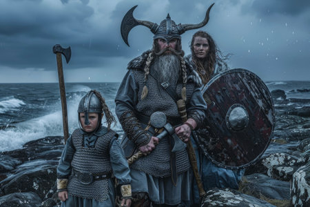 A Viking family portrait on a rocky fjord. The fierce warrior father, with braided beard and battle axe, stands tall.の素材