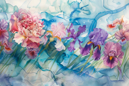 A watercolor reverie--waves of pastel hues blend seamlessly. Abstract flowers bloom on the crests--peonies, irises, and daisies.の素材