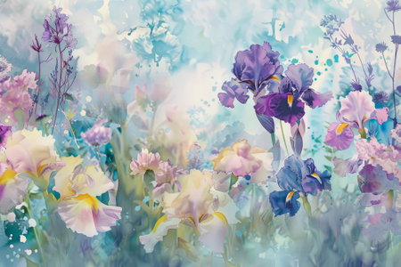 A watercolor reverie--waves of pastel hues blend seamlessly. Abstract flowers bloom on the crests--peonies, irises, and daisies.の素材