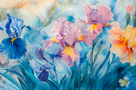 A watercolor reverie--waves of pastel hues blend seamlessly. Abstract flowers bloom on the crests--peonies, irises, and daisies.の素材
