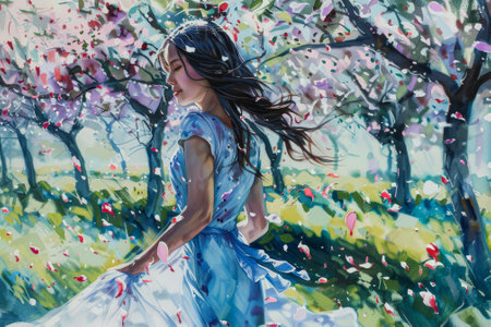 A young woman in a silk qipao strolls through a peach orchard.の素材