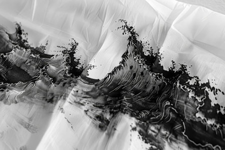 An abstract shoreline--waves of calligraphy ink crash against rice paper. Each stroke forms ancient characters--wisdom, love, and resilience.の素材