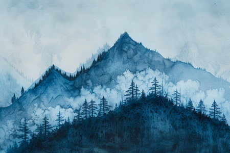 An ink-washed landscape emerges--a mist-shrouded mountain peak, its contours softened by ancient pine trees.の素材