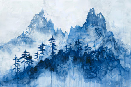 An ink-washed landscape emerges--a mist-shrouded mountain peak, its contours softened by ancient pine trees.の素材