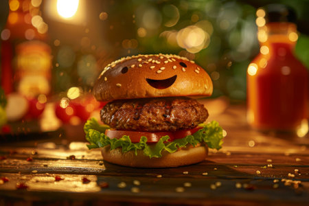 In a backyard barbecue scene, the smiling seed sits atop a burger bun, adorned with lettuce and tomato. Its sesame seed eyes twinkle with delight.の素材