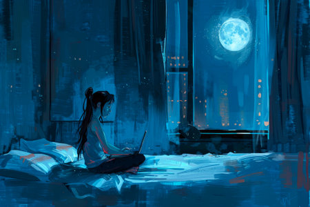 Late at night, the girl sits cross-legged on her bed, laptop screen casting a soft glow.の素材