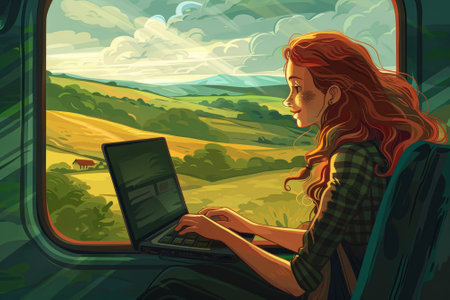 On a train journey, the girl types on her laptop, her smile illuminated by the passing landscape.の素材
