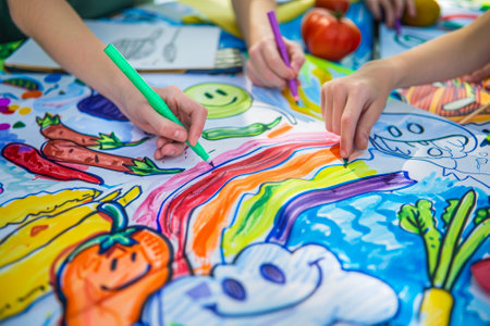 The design team, with sketchbooks and markers, collaborated on a barbecue-themed mural.の素材