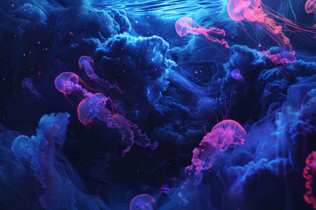 A neon ocean--waves of electric blue and neon pink surge towards infinity.の素材