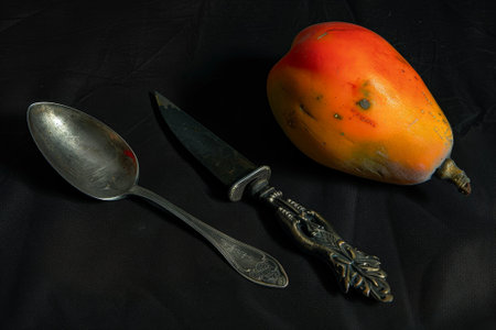 A papaya with a knife and a spoonの素材