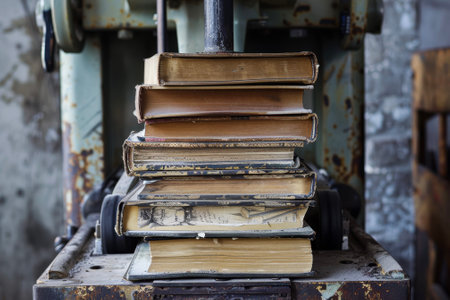 A press crushing a stack of booksの素材