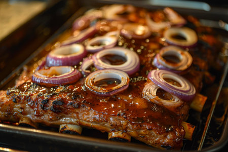 A ribs glazing in the oven with barbecue sauce, onion and vinegarの素材