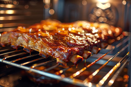 A ribs glazing in the oven with barbecue sauce, onion and vinegarの素材