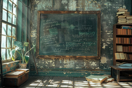 A school with a teacher, a chalkboard, and some booksの素材