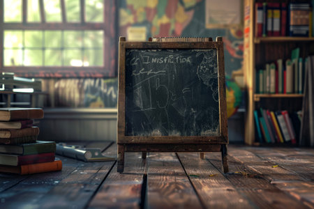 A school with a teacher, a chalkboard, and some booksの素材