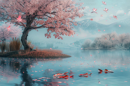 A serene cherry blossom tree stands by a tranquil pond. Delicate petals float on the water, and koi fish swim beneath.の素材