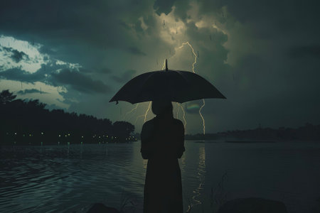 A silhouette of a person holding an umbrella under a lightning stormの素材