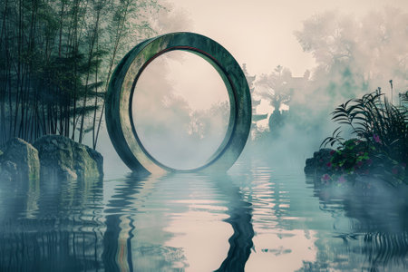 A moon gate stands in a misty garden. Beyond its circular frame, layers of color blend seamlessly--jade green, peach pink, and azure blue.の素材