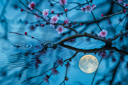 A moonlit river reflects abstract plum blossoms. Their petals merge with ripples, blurring boundaries.の素材