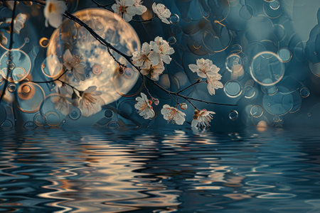 A moonlit river reflects abstract plum blossoms. Their petals merge with ripples, blurring boundaries.の素材