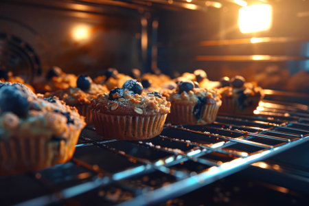 A muffins baking in the oven with blueberries, oatmeal and yogurtの素材