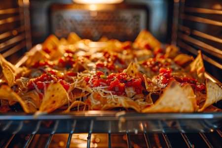 A nachos melting in the oven with tortilla chips, cheese and salsaの素材